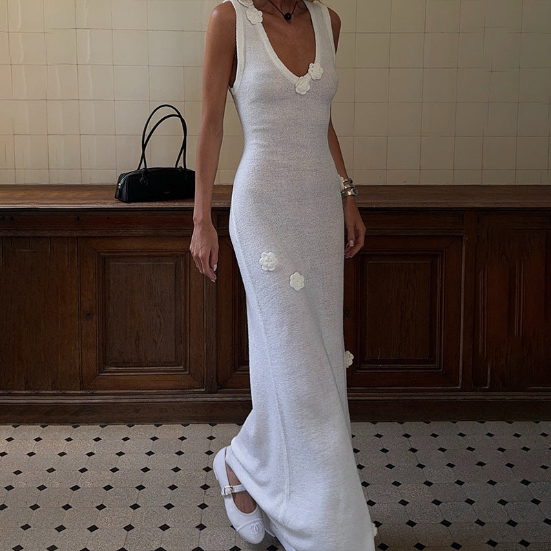 Sexy fashion vest long dress three-dimensional flower knitted dress female spice girl foreign style long