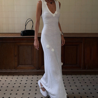 Sexy fashion vest long dress three-dimensional flower knitted dress female spice girl foreign style long