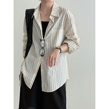Korean commuter temperament texture striped casual shirt women's spring new retro light ripe top