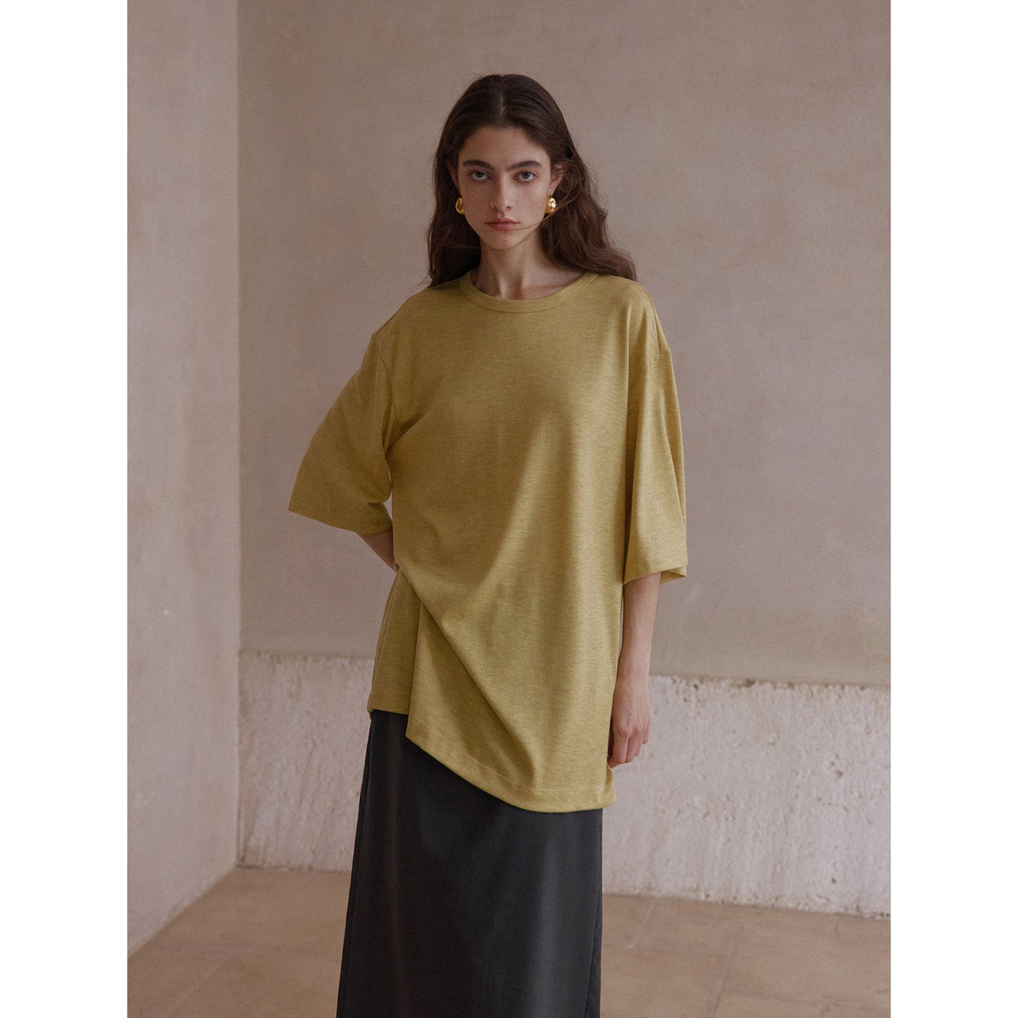 Autumn New Wool Blended Back Neck Split Strap Small Crew Neck Loose T-Shirt