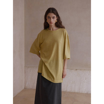 Autumn New Wool Blended Back Neck Split Strap Small Crew Neck Loose T-Shirt