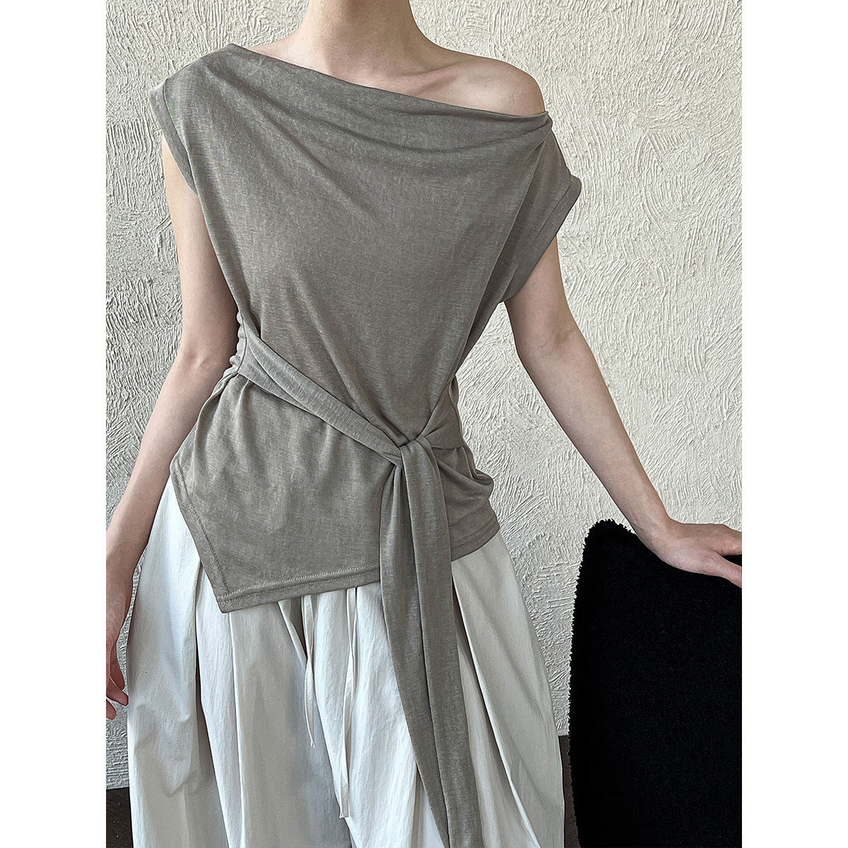 Korean temperament simple swing neck knitted short-sleeved top women's summer asymmetrical lace-up thin T-shirt