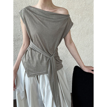 Korean temperament simple swing neck knitted short-sleeved top women's summer asymmetrical lace-up thin T-shirt
