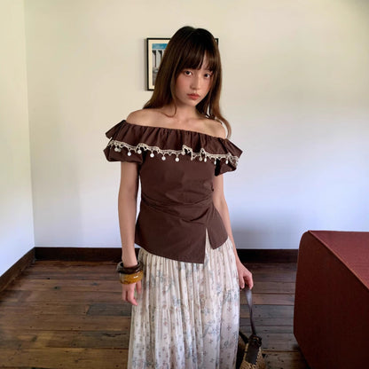 Off-Shoulder Ruffle Trim Bubble Sleeve Cotton Top