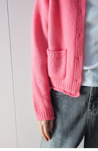 Autumn new casual round neck simple patch bag all wool thick needle solid color sweater jacket