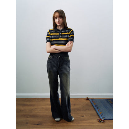 Spring casual high-waisted retro nostalgic easy versatile flared denim trousers