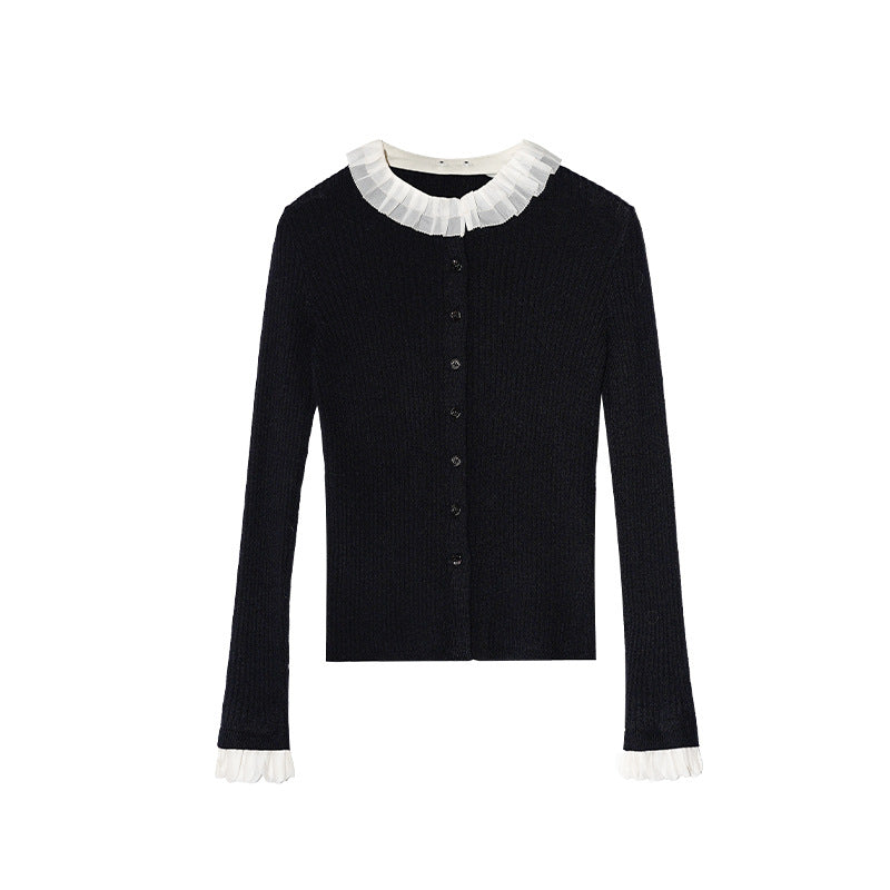 Sweet age-reducing pit strip fungus edge knitted cardigan sweater