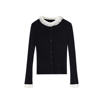 Sweet age-reducing pit strip fungus edge knitted cardigan sweater