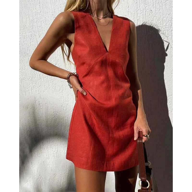 Cotton Linen V-Neck Mini Dress