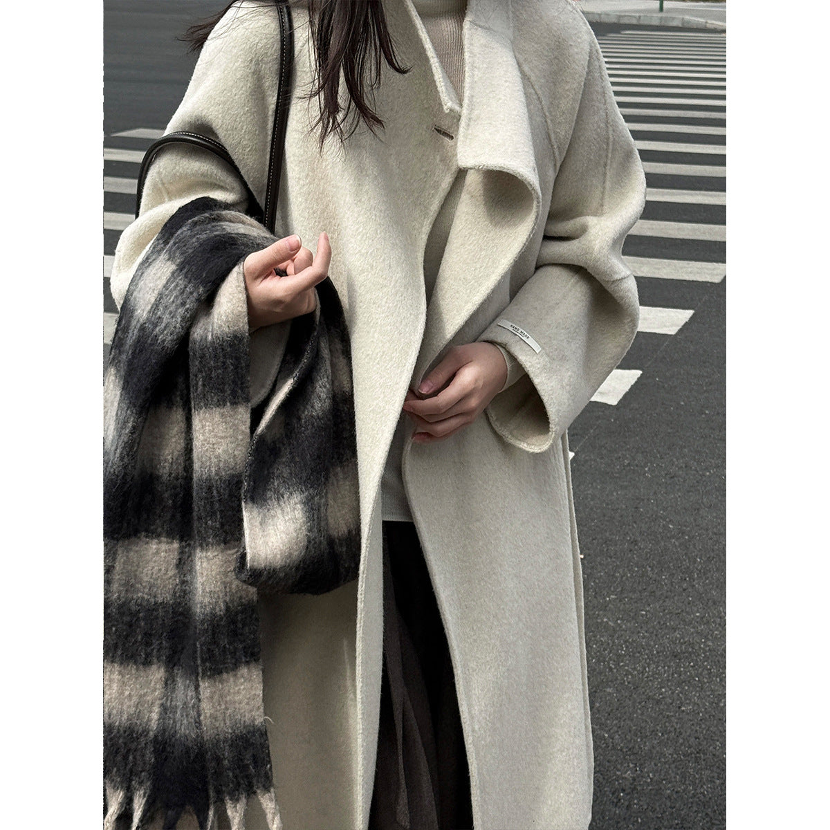 Korean version lazy diagonal buckle collar long double-sided woolen coat women's new woolen coat in winter