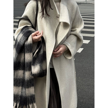 Korean version lazy diagonal buckle collar long double-sided woolen coat women's new woolen coat in winter