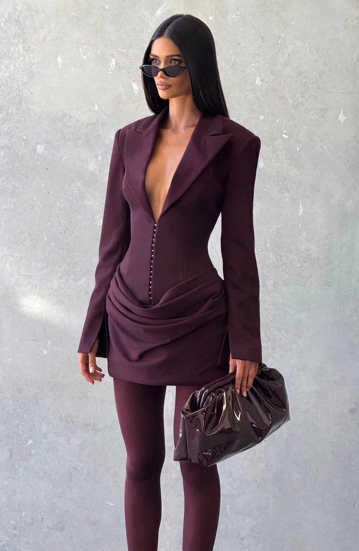Fashion Sexy Deep V Suit Short Skirt Long Sleeve Celebrity Slim Fit Hip Wrap Dress