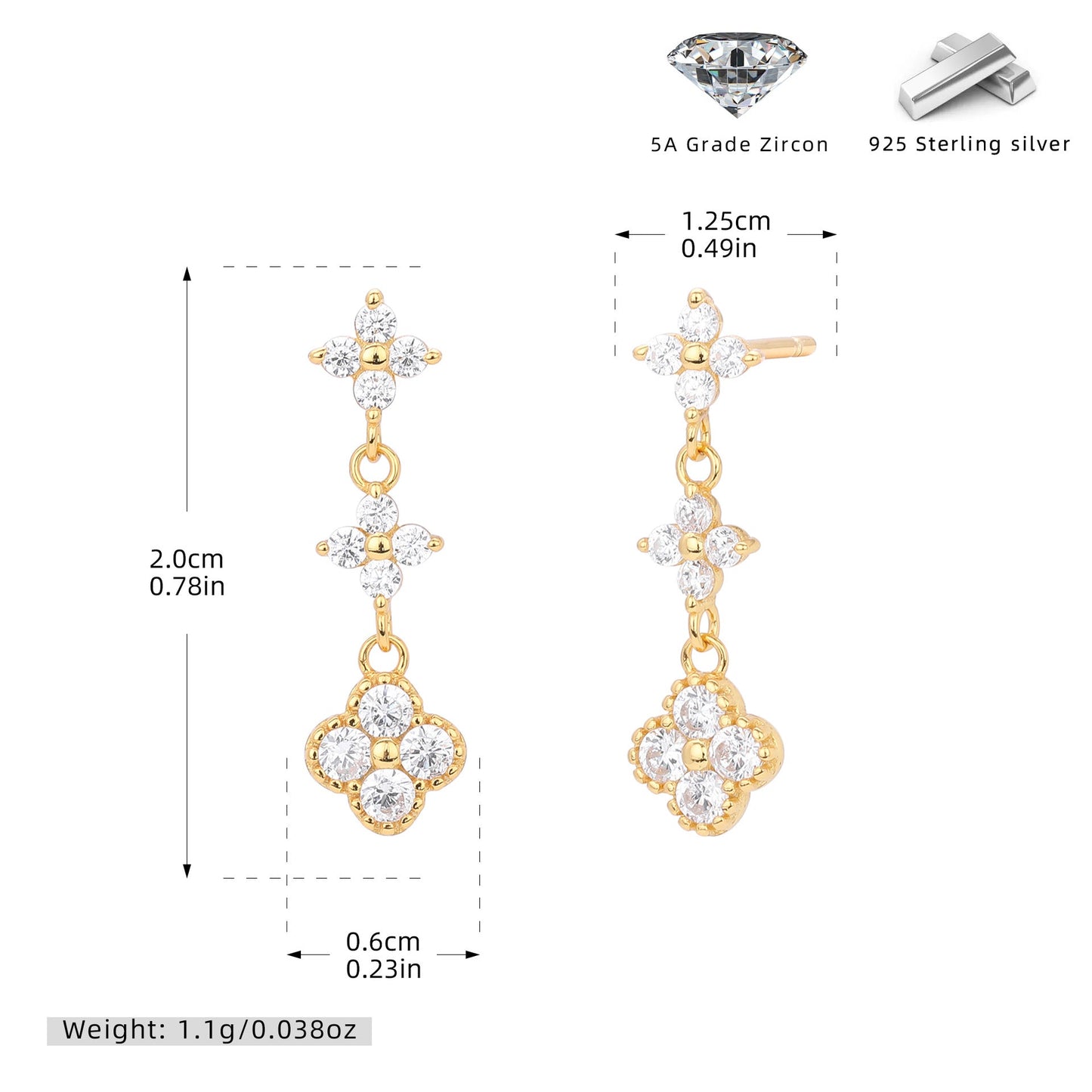 925 Sterling Silver Stud Earrings Color Zirconium Flower Earrings