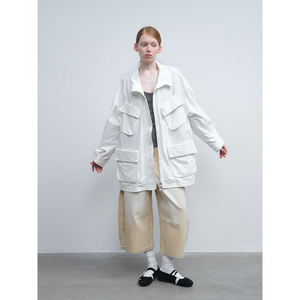 Spring new casual lapel linen cotton solid color tooling multi-pocket long thin coat