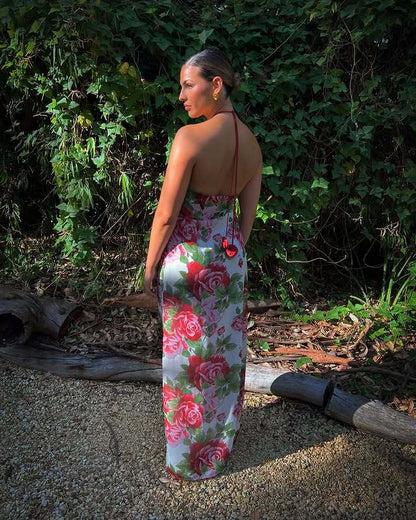 Fashionable resort style halterneck printed dress backless hot girl sexy dress