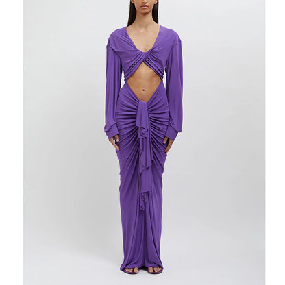 Tight mermaid skirt cutout waist pleated long-sleeved dress pure desire to tighten the waist
