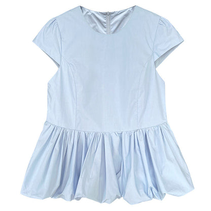 Temperament versatile splicing pleated hem lace T-shirt spring and summer new simple niche top short sleeve