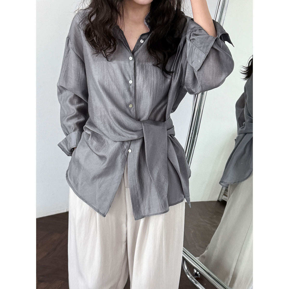 French hem strap-up Tencel acetate sunscreen shirt women's summer new light and thin long-sleeved shawl