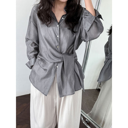 French hem strap-up Tencel acetate sunscreen shirt women's summer new light and thin long-sleeved shawl