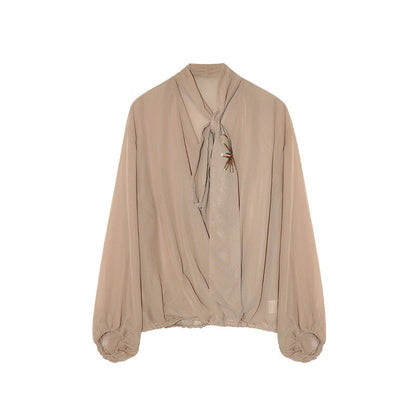 Gentle and beautiful temperament thin streamer v-neck long-sleeved shirt