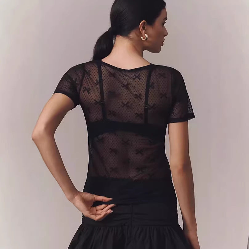 Mesh transparent lace bottomed short-sleeved top