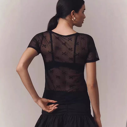 Mesh transparent lace bottomed short-sleeved top