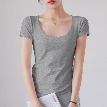 Round Neck Short Sleeve T-Shirt Women Slim Fit Cotton Base Layer Top