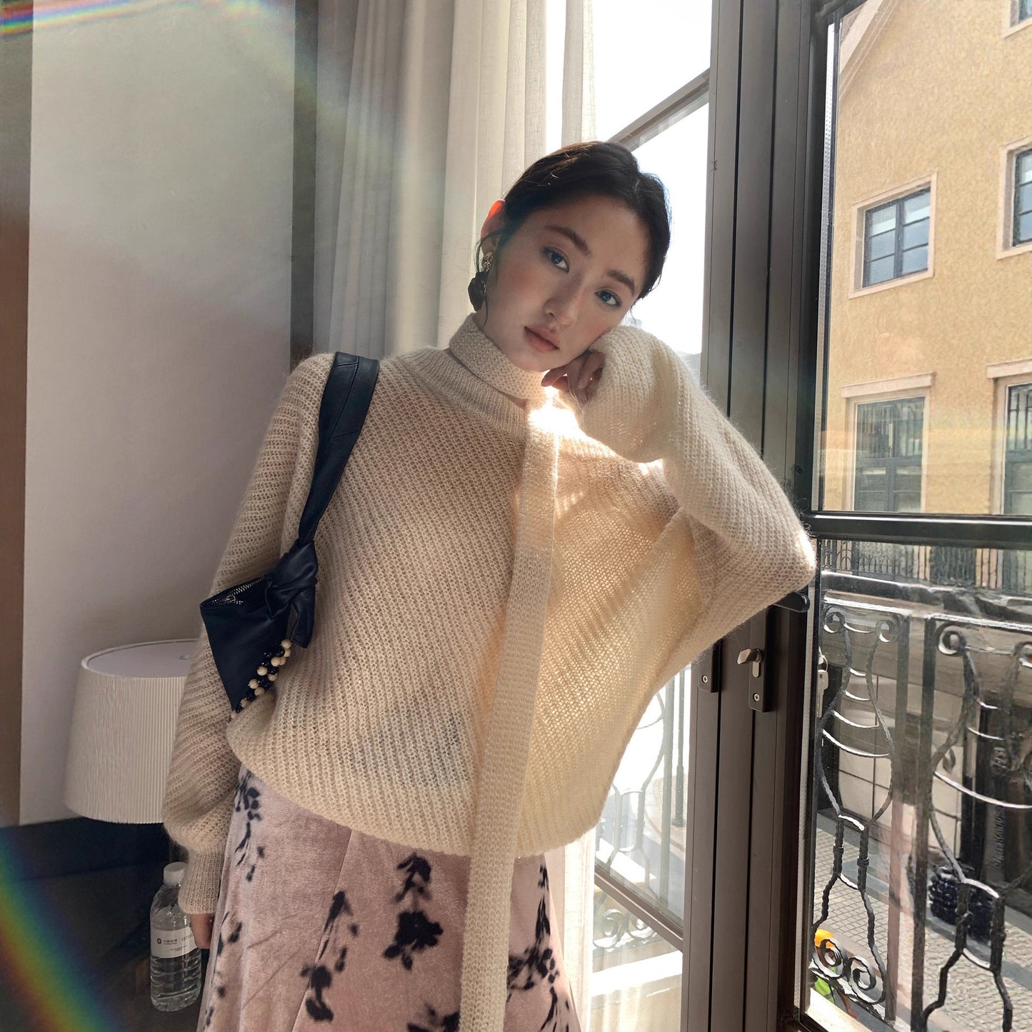 Lazy loose merino wool soft waxy diagonal neck off-the-shoulder sweater women