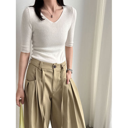 Soft and glutinous skin-friendly wool gentle style V-neck knitted sweater women's spring slim three-quarter sleeve T-shirt