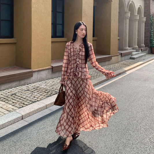 Two-piece skirt shirt plaid age-reducing temperament suit
