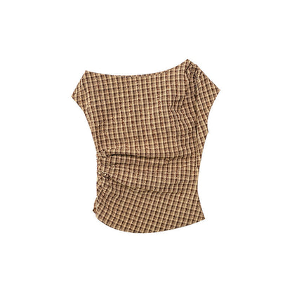 French design temperament slim-fit plaid slanted shoulder top