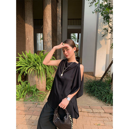 Spring fashion temperament pure desire wind Tencel texture sleeveless swinging neck chiffon shirt