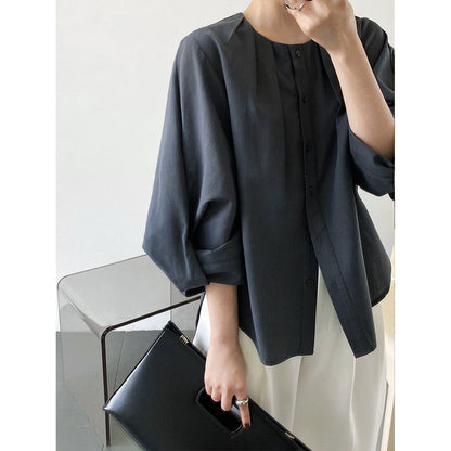 Cotton and linen texture lantern sleeve shirt