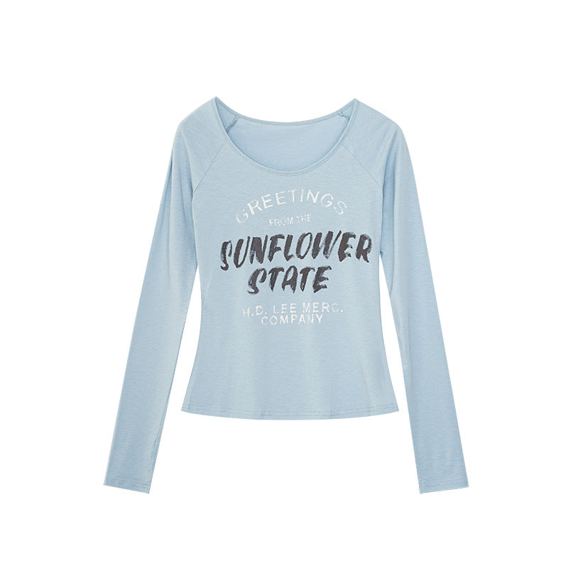 Versatile English letter print T-shirt women's long-sleeved U-neck top