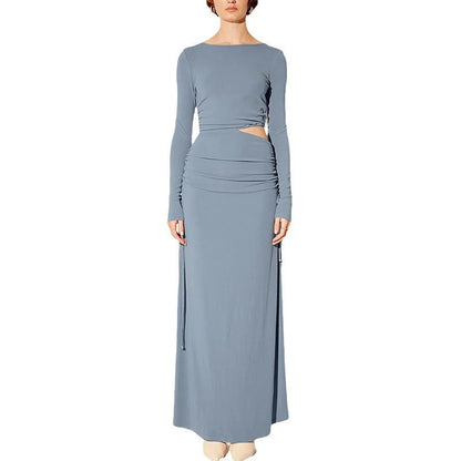 Crew neck long sleeve hip skirt hollow sexy waist pleated design dress style