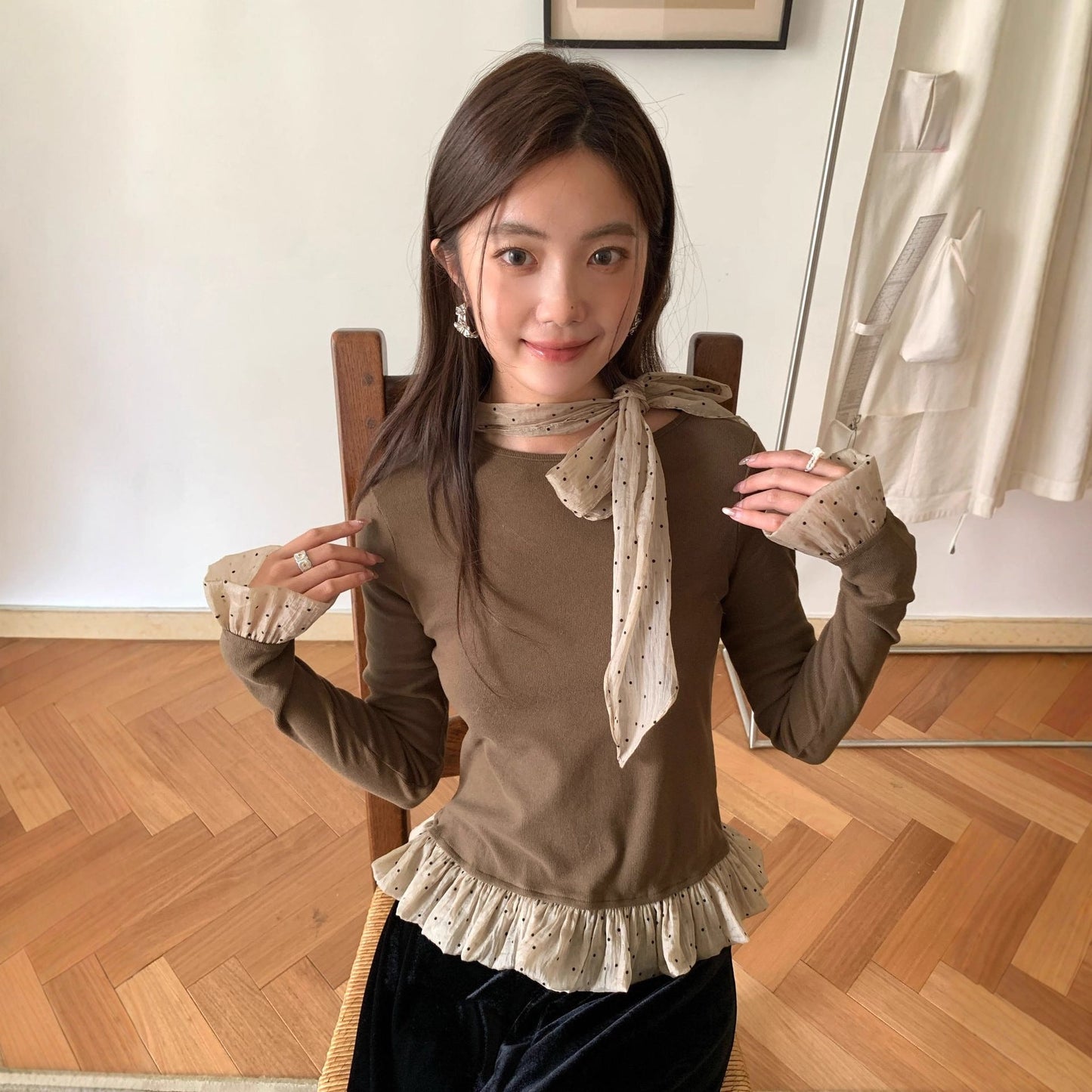 Court style sweet age-reducing bow long-sleeved knitted sweater for women