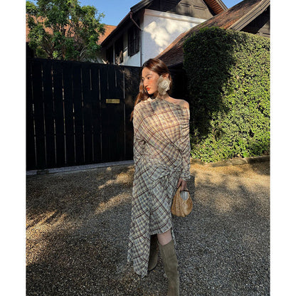 Holiday style plaid mesh strap dress