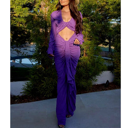 Stylish Sexy Hottie Deep V-Neck Hollow Kink Pleated Long Sleeve Dress