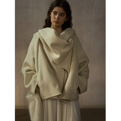 Rabbit velvet high quality hand sewn loose silhouette thermal scarf collar double-sided jacket