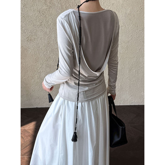 Slightly transparent backless swing collar long-sleeved T-shirt for women
