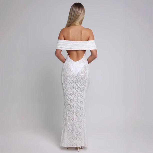 Spot new fashion lace one-word shoulder dress halter hot girl sexy tube top dress