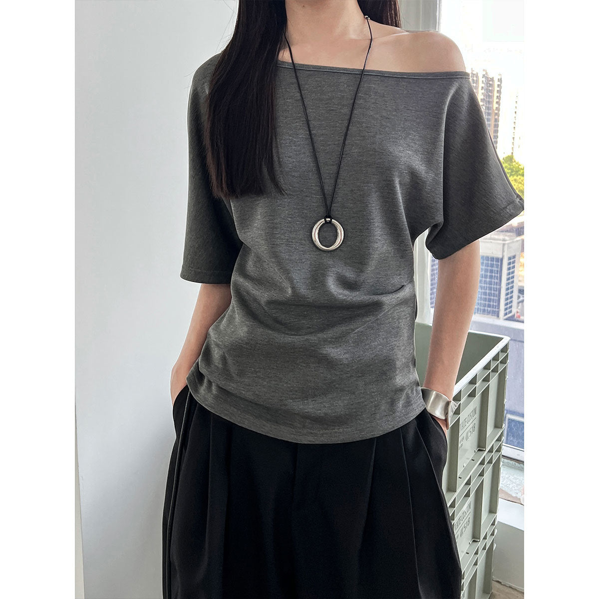 Lazy slanted shoulder loose short-sleeved women's summernew arrival off-shoulder asymmetrical waist slimming look t-shirt