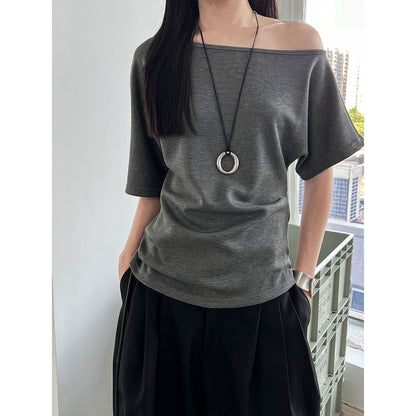 Lazy slanted shoulder loose short-sleeved women's summernew arrival off-shoulder asymmetrical waist slimming look t-shirt