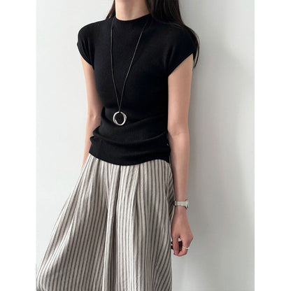Simple slim temperament flying sleeves wool knitted top women's 26 spring new versatile T-shirt