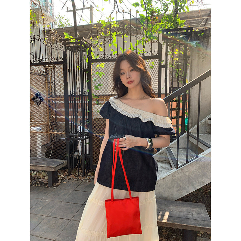 Ruffle Trim Off-Shoulder Denim Top