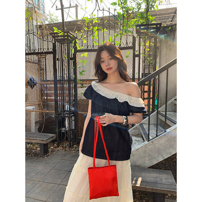 Ruffle Trim Off-Shoulder Denim Top