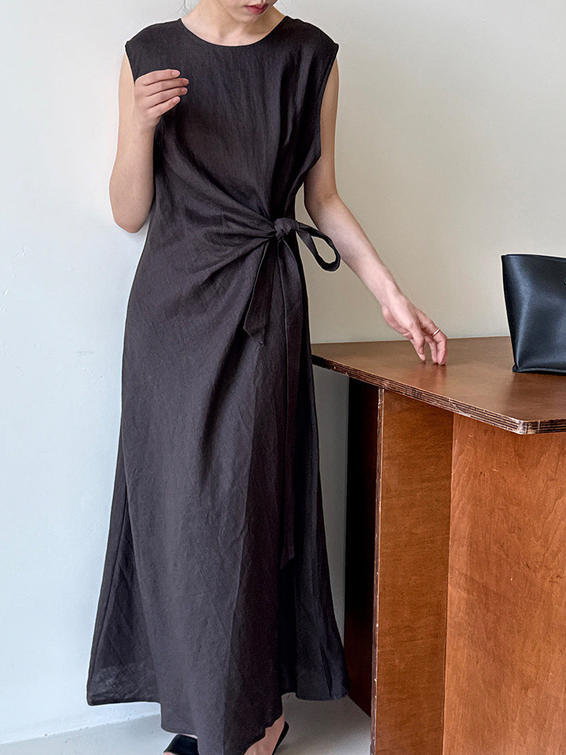 100% ramie french chic twist knot tie waist tank dress - new summer slimming dress