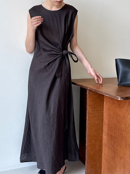 100% ramie french chic twist knot tie waist tank dress - new summer slimming dress