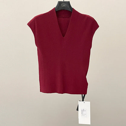 Spring and summer minimalist and versatile muscle-building V-neck slim-fitting and thin small flying-sleeved knitted sweater