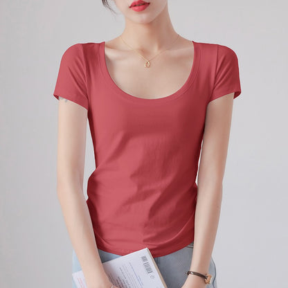 Round Neck Short Sleeve T-Shirt Women Slim Fit Cotton Base Layer Top